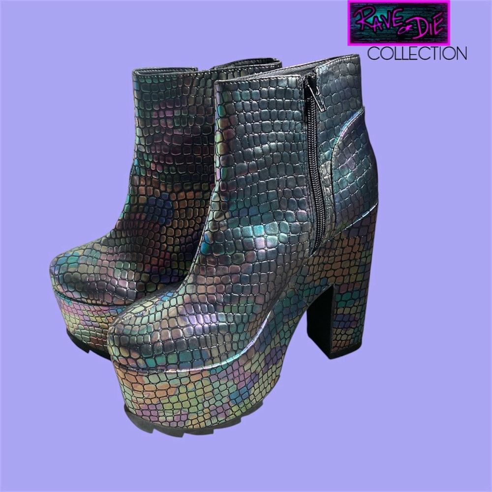 Rave YRU Nightmare Reflective Snake Print Platform Boots